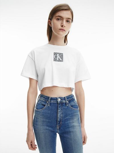 Calvin Klein Ruhák HU023943 | Calvin Klein Cropped Organic Cotton Logo Női Póló Világos Fehér
